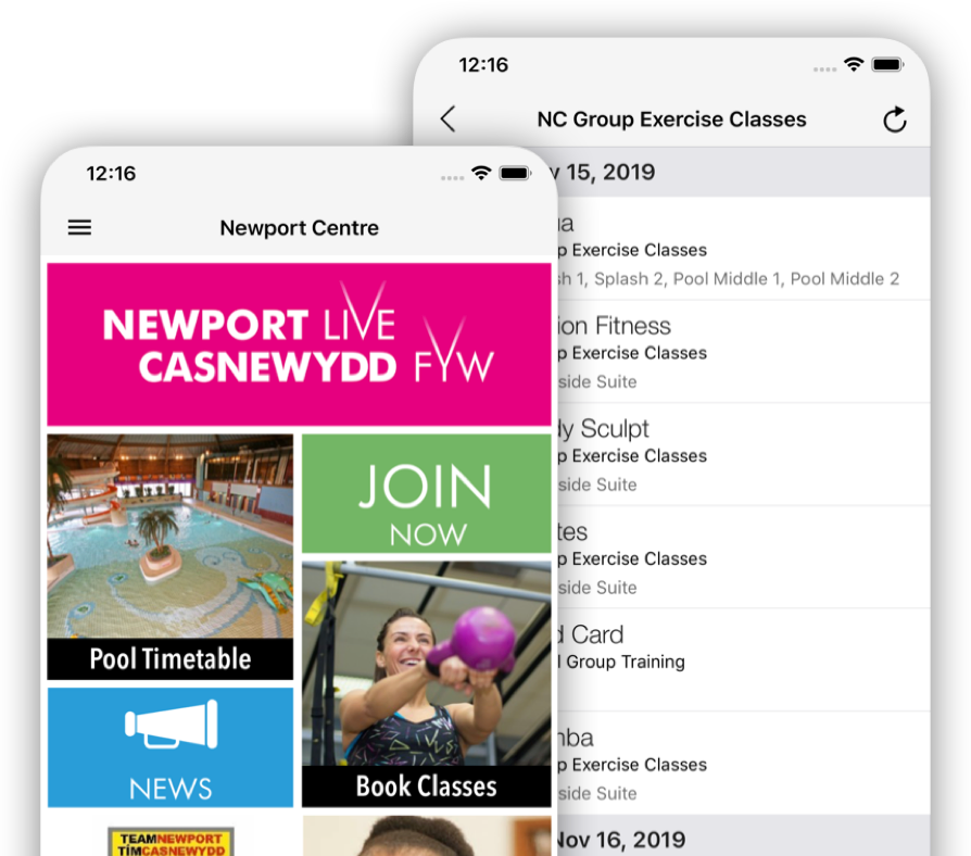 mobile phones displaying the newport live app