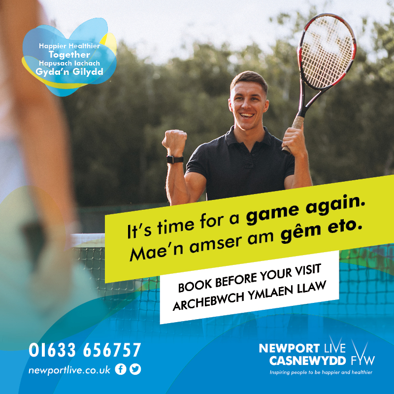 Poster of man playing tennis outdoors with banner over image saying 'its time for a game again'